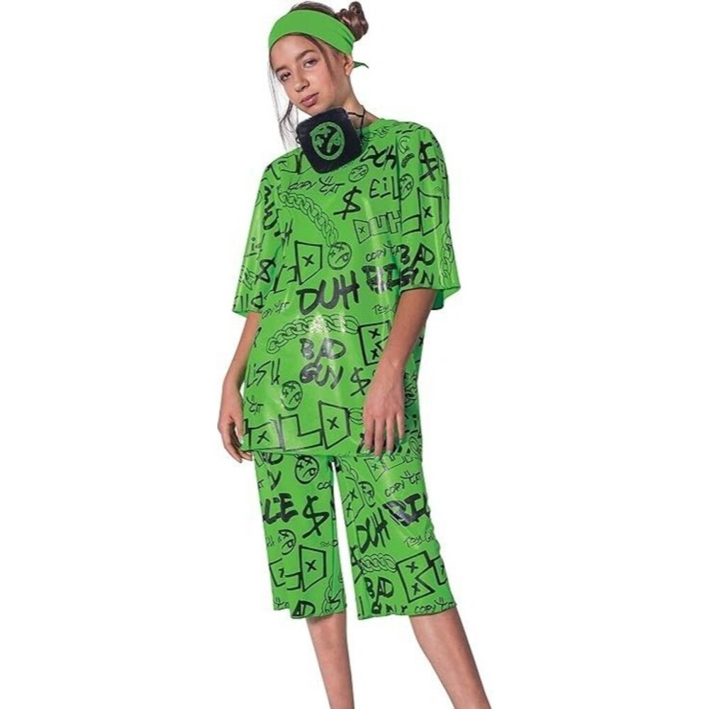 Billie Eilish Kids Costume – Big Green Outfit w/ Mask Headwrap, Child L (10-12)